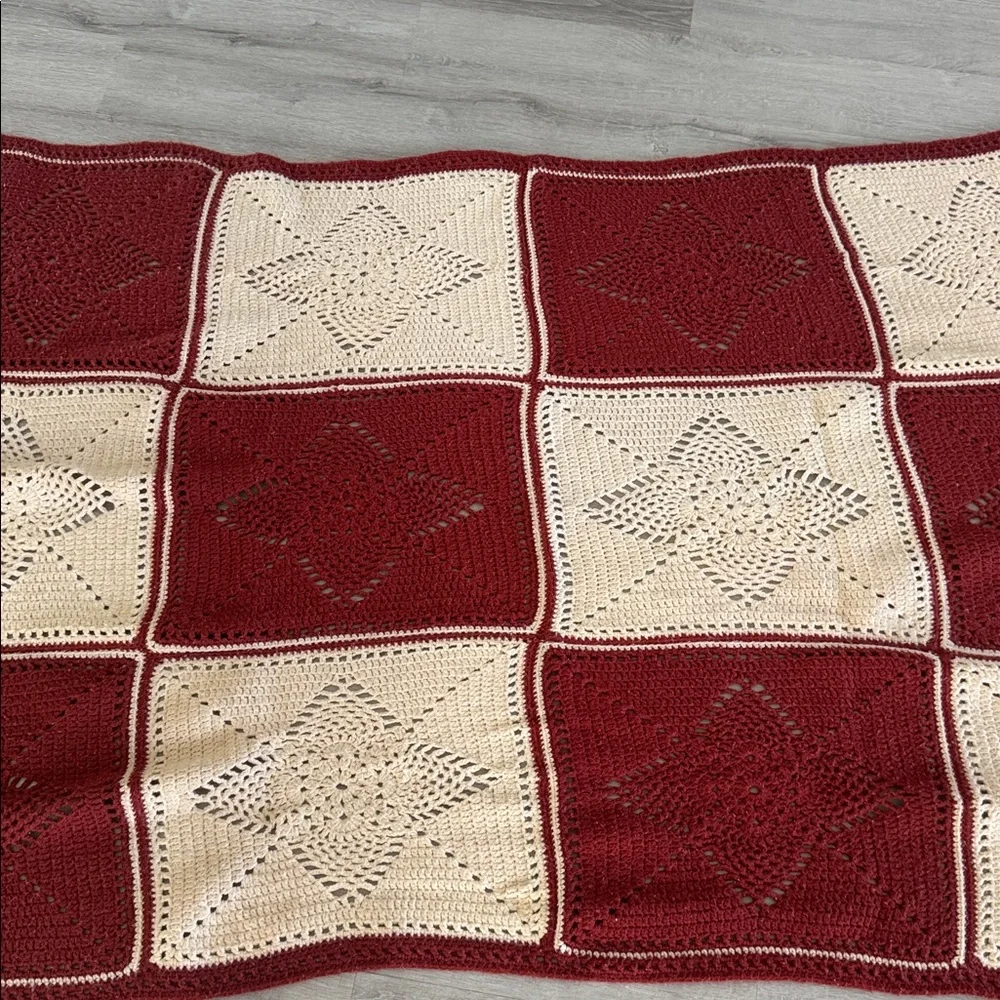 Vintage Handmade Crochet Afghan Throw Blanket Red Cream Granny Square Fringe